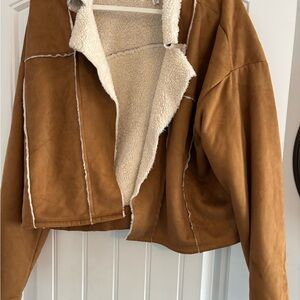 Sherpa-Lined Faux Suede Teddy Jacket in Brown